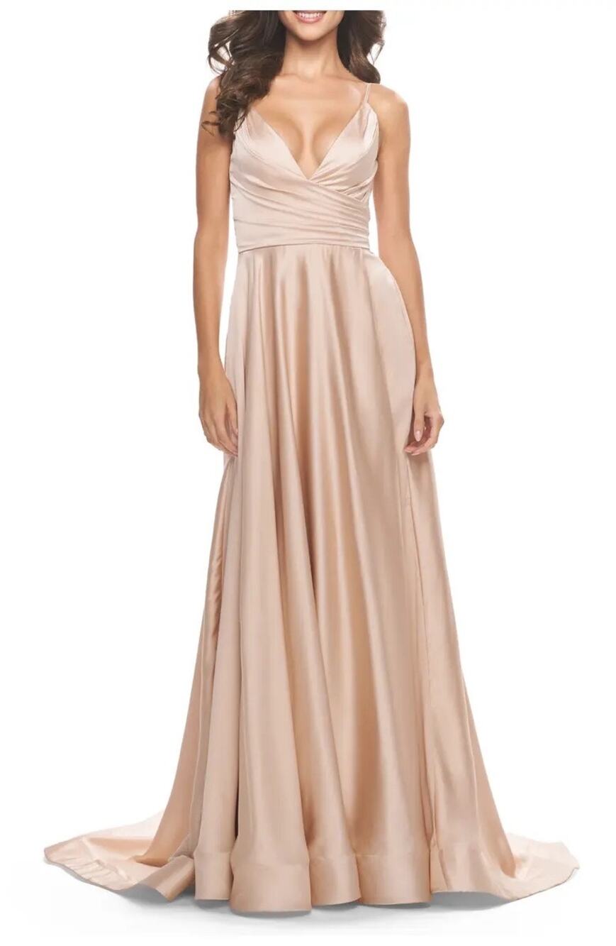 La Femme Blush Pink Long Satin V-Neck Prom Evening Gown Dress Size 4